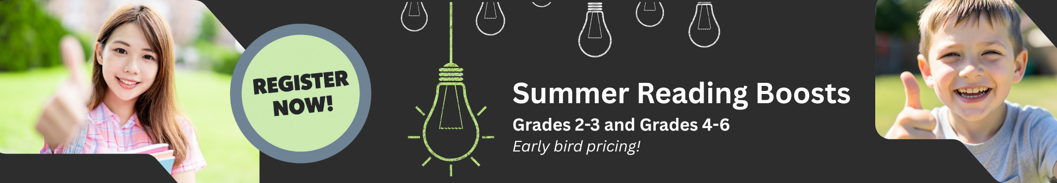 Lightbulbs, students giving thumbs up